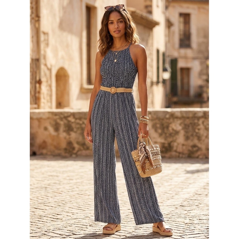Angie Navy White Printed Smocked Wide Leg Jumpsuit Boho Rayon Small
